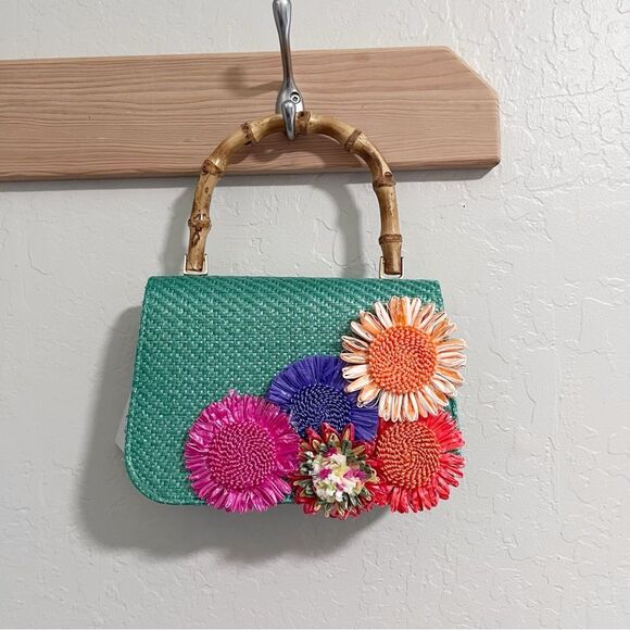 Haute Hippie Handbags - Haute Hippie Straw Flowers Bamboo Handle Satchel Shoulder Crossbody Chain OS